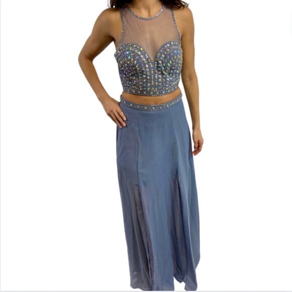 Say Yes to the Prom two-piece silver gray rhinestone gown, 9/10 - Picture 1 of 12